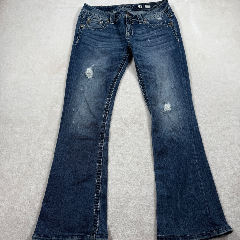 Miss Me Signature Bootcut Jean 28 JP7694BV Embellished  Medium Wash Distress - Picture 2 of 7